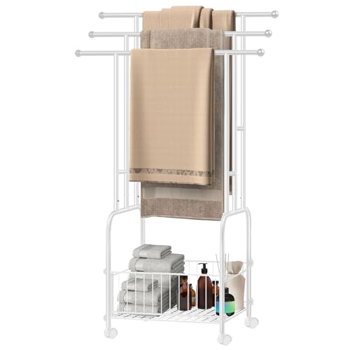 Freestanding Towel Rack for Bathroom, 3-Tier White Metal Stand with Basket