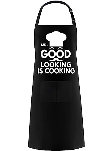 Hyzrz Funny Aprons for Men, Women -Mr. Good Looking is Cooking- Gifts for Fathers Day, Mothers Day, Birthday - Cooking Grilling BBQ Chef Apron (Black) - color: Black, style: Mr. Good Looking is Cooking