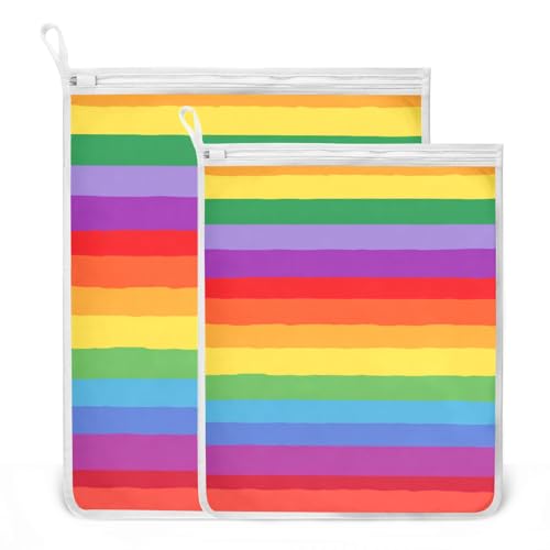 Mesh Laundry Bags Lingerie Bags for Washing Delicates 2 PCS Durable Wash Bag with Zipper Small and Medium Washable Vibrant Colorful Stripes - color: Vibrant Colorful Stripes