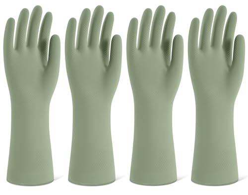 Rubber Cleaning Gloves for Dishwashing, 4 Pairs Reusable Kitchen Gloves for Washing Dishes and Household Cleaning, Green Dish Gloves with Flocked Lining and Non-Slip Grip, Pefect for Woman Men - S - color: Green, size: Small