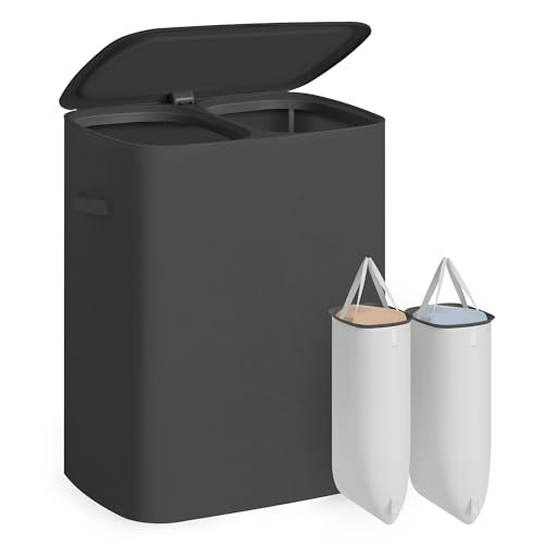SONGMICS Laundry Hamper with Lid, 160L Double Laundry Basket, Steel Frame - color: Slate Gray