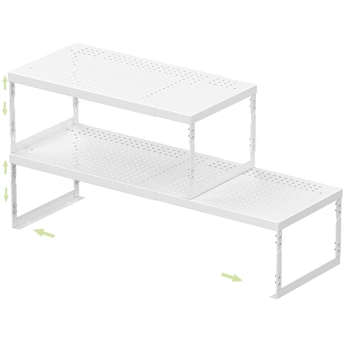 Jojocross Adjustable Stackable Metal Storage Shelf Organizer - Expandable Wire Rack with Perforations for Kitchen, Pantry, Bathroom, Cabinet & Office-Compact, Durable & Sturdy (2PACKS/Medium/White) - color: 2packs/Medium/White, size: Medium