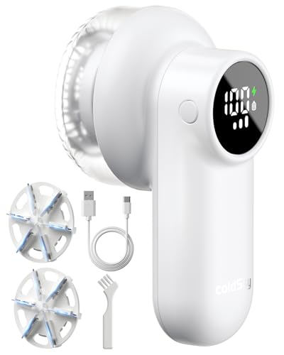 coldSky Rechargeable Fabric Shaver, Lint Shaver with Digital Display, Sweater Shaver with 6-Leaf Blades and Safety Lock, 3-Speeds Defuzzer Remove Fuzz, Pills from Clothes, Furniture, Sofa, White - color: White