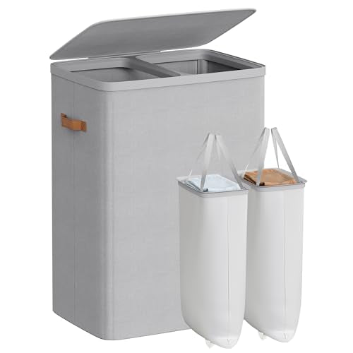 SONGMICS Laundry Basket, 170L Laundry Hamper with Lid, 2 Removable Bags - color: Dove Gray, size: 170 L (2-Section)