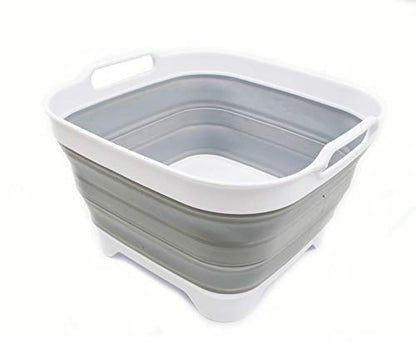 SAMMART 10L (2.64 gallon) Collapsible Dishpan with Draining Plug - Foldable Washing Basin - Portable Dish Washing Tub - Space Saving Kitchen Storage Tray (1, White/Grey) - color: White/Grey
