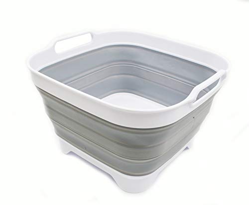 SAMMART 10L (2.64 gallon) Collapsible Dishpan with Draining Plug - Foldable Washing Basin - Portable Dish Washing Tub - Space Saving Kitchen Storage Tray (1, White/Grey) - color: White/Grey