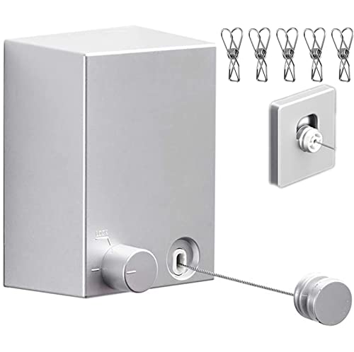Retractable Clothesline Clothes Line Retracting Outdoor/Indoor, Heavy Duty Stainless Steel Adjustable Drying Rope Wire Dryer with ABS case+Aluminum, Self Adhesive Wall Mount 13.8 Feets Silver - color: 1 Silver