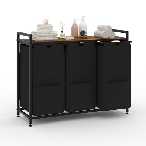 Laundry Sorter, Black, 3-Section, 36.6x13x28.5 in - size: 3 Bags-145.5L / Rustic Brown + Black