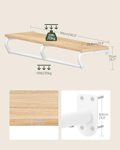 CHOEZON Wall Mounted Clothes Rack, Metal Garment Rack with Top Shelf, Laundry Storage Shelf with Hanging Rod, for Laundry Room, Bedroom, Entryway and Storage Room, Natural and White TYM02NW - color: Natural, White