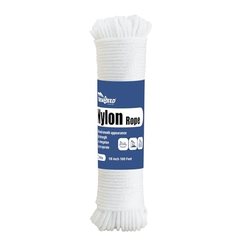 NEWSEED 100 Ft 1/8 Inch Nylon Rope Heavy Duty Utility Rope (White) - size: 1/8 In x 100FT, style: White
