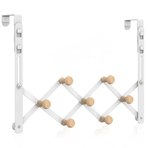 FYY Over The Door Hooks - Door Hanger Towel Rack Organizer, Collapsible No Drill Holder, Heavy Duty Easy to Install, Pads and Wooden Knobs, No-Scratch for Bathroom Clothes Coat Travel, Fit 1-3/4"