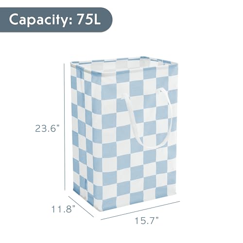 Checkered Laundry Hamper, Pack of 2, Large Pastel Blue Collapsible Cloth Hampers Basket for Storage Organization Cute Aesthetic, 2 x 75L - color: Blue
