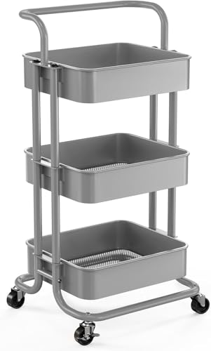 Pipishell Metal 3 Tier Rolling Cart with Handle & 2 Lockable Wheels, Gray - color: Gray, size: 3-Tier