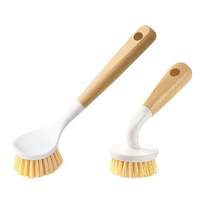 Dish Brush with Handle, Long and Short Handle Kitchen Scrub Brushes with Tough Bristles, Natural Dish Scrubber Brush for Dishes, Pans, Pots and Kitchen Sink Cleaning, 2 Pack White