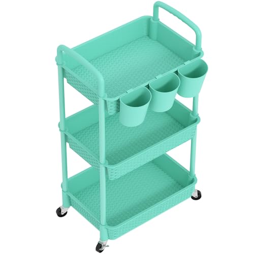 MOYIPIN 3-Tier Plastic Rolling Utility Cart with Handle,Turquoise - color: Turquoise, size: 3-Tiers with cups
