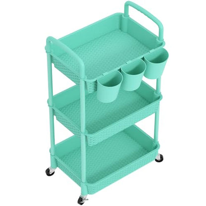 MOYIPIN 3-Tier Plastic Rolling Utility Cart with Handle,Turquoise - color: Turquoise, size: 3-Tiers with cups