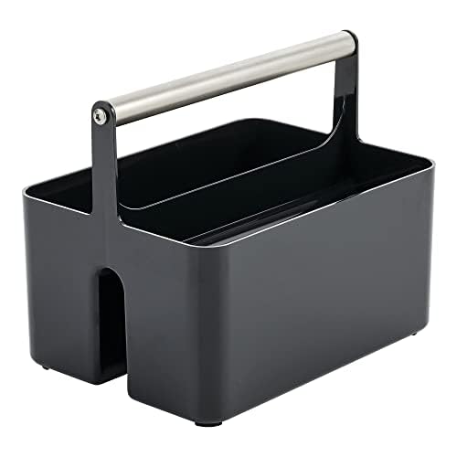 mDesign Plastic Shower Caddy Storage Organizer Utility Tote, Divided Basket Bin - Metal Handle for Bathroom, Dorm, Kitchen, Holds Soap, Shampoo, Conditioner - Aura Collection - Black/Brushed Chrome