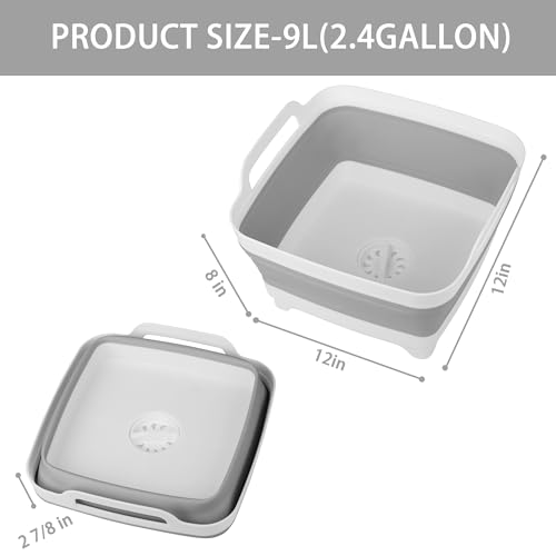 Dishpan for Washing Dishes, 2.4Gal/9L Wash Basin with Draining Plug Carry Handles, Collapsible Bucket for Cleaning, Portable Sink, Foldable Plastic Tub - color: Gray, size: 1 x 9L