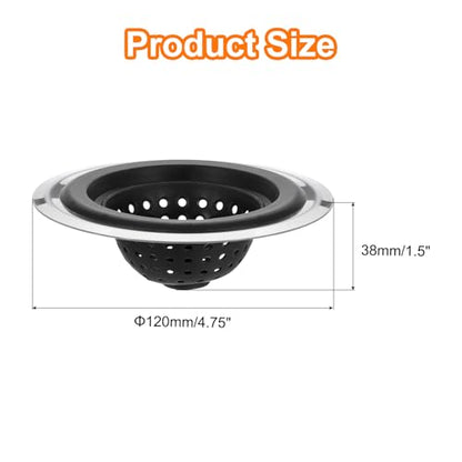 uxcell Silicone Sink Strainer, 2Pcs Kitchen Sink Drain Strainer Stopper with Detachable Stainless Steel Edge 4.7" Diameter Rim, Black - color: Black