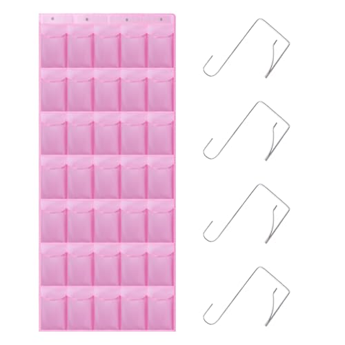 35 Pocket Over Door Shoe Organizer with 4 Metal Hooks（White） - color: Pink, size: 66.9" x 27"