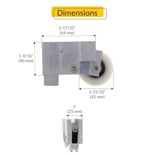 Brixwell Patio Door Roller Assembly, Aluminum Housing, Mill Finish, White Nylon Wheel, 1-21/32" Wheel Diameter, 2-17/32" Length, 1" Width, 1-9/16" Height for Sliding Patio Doors