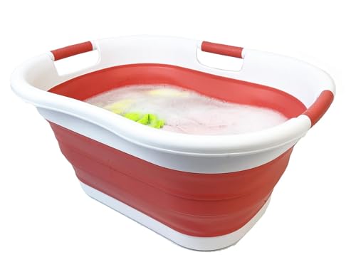 SAMMART 40L (10.5 gallon) Collapsible Plastic Laundry Basket - Foldable Storage Container- Portable Washing Tub - Space Saving Hamper (1, White/Coral Pink) - color: White/Coral Pink