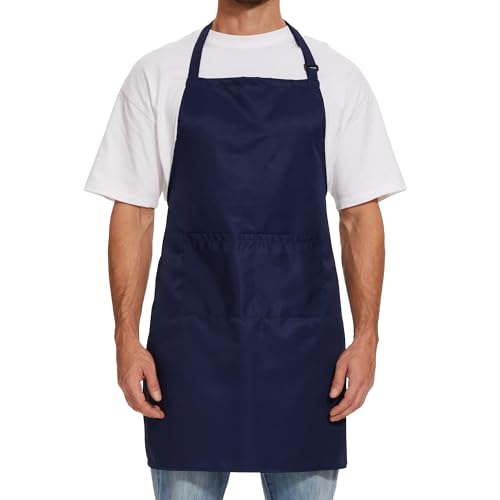Will Well Kitchen Apron for Men and Women - 33" x 27" Oil-and-Water-Resistant with Adjustable Neck Strap and 38" Waist Ties for a Snug Fit, Lightweight with 2 Front Pockets - 1-Pack, Navy - color: 04 - Navy, size: 1 Pack