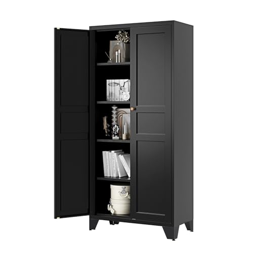 Letaya Black Storage Cabinet with Feets-Metal Home Kitchen Pantry Cabinets with Doors and Adjustable Shelves,Organization Locker for Cupboard/Bedroom/Dining/Living/Bathroom/Office/Garage Room (Black) - color: Black, size: 14"D x 28"W x 61"H