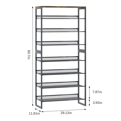 Garden 4 you Shoe Rack 8 Tiers Shoe Storage Organizer,Large Capacity Storage Rack with Brown Wooden Tabletop,Adjustable Metal Shelf Stackable Shoe Shelf for Entryway Hallway Living Room Closet - color: Rustic Brown, size: 8-Tiers