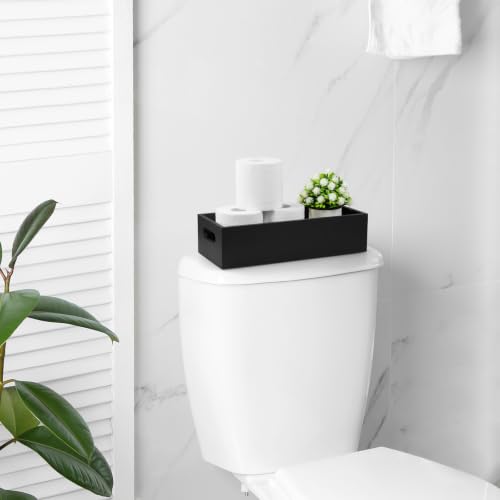 ALELION 15 Inch Black Wood Bathroom Storage Basket with Handles, Toilet Paper Basket for Back of Toilet Tank Top, Wooden Organizer Tray for Bathroom Countertop, Vanity, Kitchen, Pantry, Laundry Room - color: Black, size: 15 Inch