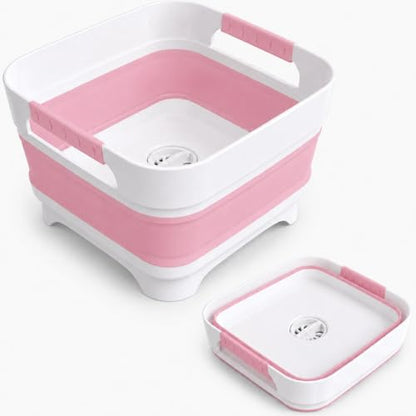 Collapsible Dish Basin with Drain Plug, 2.4 Gal 9L Foldable Wash Basin, Portable Sink Tub for Kitchen, Baby Bottles, Camping, RV, Vegetable Washing and Beverage Tub, Pink - color: Pink