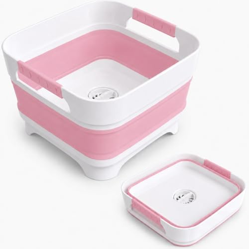 Collapsible Dish Basin with Drain Plug, 2.4 Gal 9L Foldable Wash Basin, Portable Sink Tub for Kitchen, Baby Bottles, Camping, RV, Vegetable Washing and Beverage Tub, Pink - color: Pink