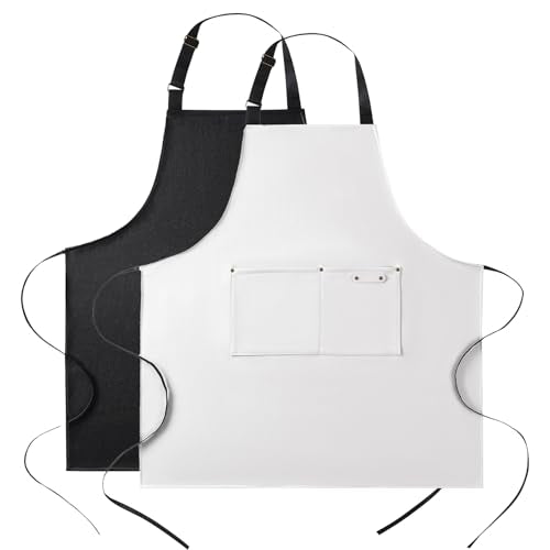 eywlwaar PU Waterproof Apron with 2 Big Pockets Adjustable Oil Proof Apron for Kitchen Dishwashing Cooking 29.92"x 26.77" - color: Black&white