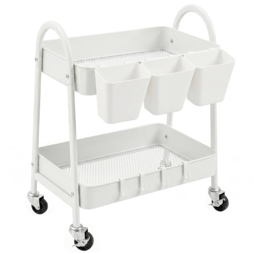 danpinera 2-Tier Rolling Cart, Utility Cart Mobile Metal Rolling Storage Cart with Lockable Wheels & Hanging Cups & Hooks for Kitchen, Bathroom, Office, Workshop, Purple - color: White, size: 2 tier