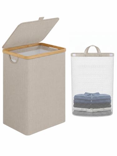 IEGrow Laundry Hamper with Lid,85L Laundry Basket with Mesh Bags,Oatmeal - color: Oatmeal, size: 85L