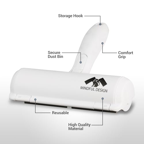 Mindful Design Roller Pet Hair Remover and Reusable Lint Roller - Cat and Dog Hair Remover for Furniture, Couch, Carpet, Clothing and Bedding - Portable, Multi-Surface Fur Removal Tool