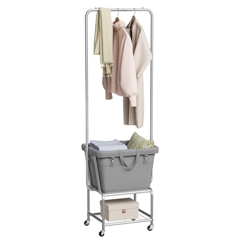 ELYKEN Rolling Laundry Cart with Hanging Rack, Laundry Hamper with Shelf