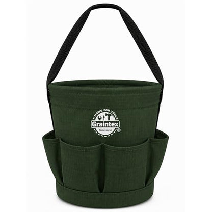 Graintex Tapered Canvas Bucket 12"x10"x15", Utility Tool Bucket 6 Pockets Outside, Reinforced Base & Carry Handle, Ripstop Canvas, Multi-Purpose Bag for Jobsite & Home Use (Hunter Green) - color: Hunter Green