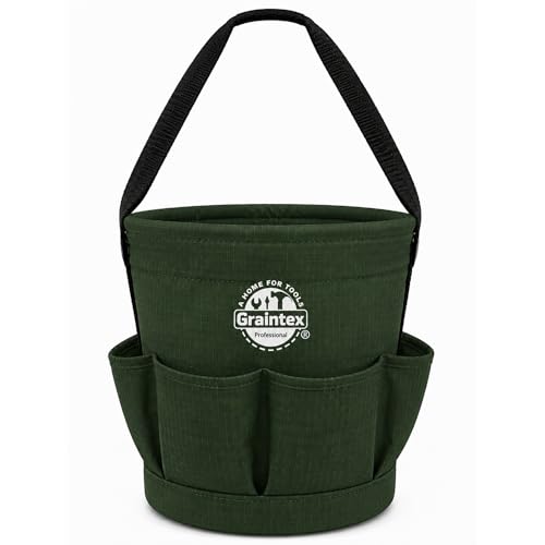 Graintex Tapered Canvas Bucket 12"x10"x15", Utility Tool Bucket 6 Pockets Outside, Reinforced Base & Carry Handle, Ripstop Canvas, Multi-Purpose Bag for Jobsite & Home Use (Hunter Green) - color: Hunter Green