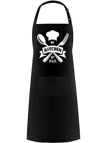 Hyzrz Funny Adjustable Aprons Baker Costume with Pocket Cook Grill BBQ Chef Apron Gifts for Fathers Mothers Day Birthday (My Kitchen My Rules, Black) - color: Black, style: My Kitchen My Rules