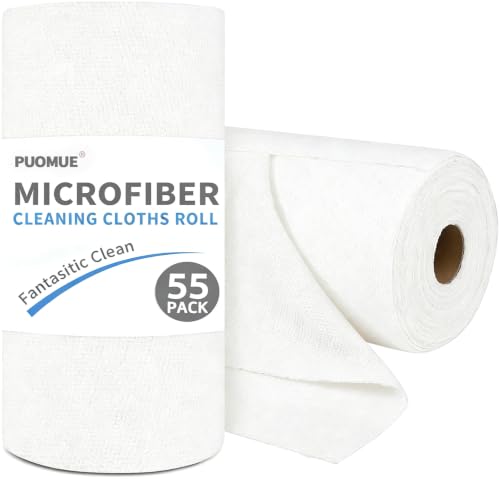 Puomue 55 Pack Microfiber Cleaning Cloth Roll, Tear Away Reusable Paper Towels, 11" x 9", Ultra Absorbent & Lint Free Microfiber Cloth for Cleaning Cars, Kitchen, Window, Home and Shop, White - color: White, size: 9”x11”-55PK