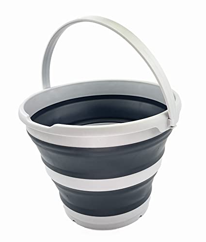 SAMMART 10L (2.6 Gallon) Collapsible Plastic Bucket - Foldable Round Tub - Portable Fishing Water Pail - Space Saving Outdoor Waterpot, Size 33cm Dia (Grey/Charcoal Black) - color: Grey/Charcoal Black
