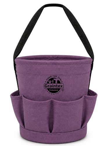 Graintex Tapered Canvas Bucket 12"x10"x15", Utility Tool Bucket 6 Pockets Outside, Reinforced Base & Carry Handle, Ripstop Canvas, Multi-Purpose Bag for Jobsite & Home Use - Purple - color: Purple