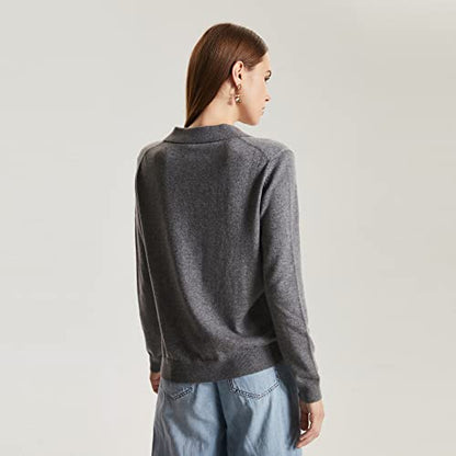 GreenMount Women's Deep V-Polo Casual Loose Cashmere Sweater Pullover Lapel Long Sleeve for Women Keep 37.5° Warm - color: Grey, size: X-Large