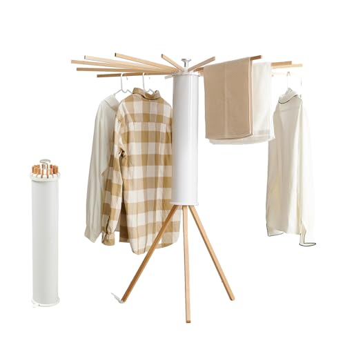 RFOUO Foldable Clothes Drying Rack Tripod with Wooden 16 Rods - color: Wooden