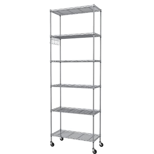 Homdox 6-Tier Storage Shelf Wire Shelving Unit Free Standing Rack Organization with Caster Wheels, Stainless Side Hooks, Silver Gray - color: Silver, size: 21.26*11.42*72.05 inch