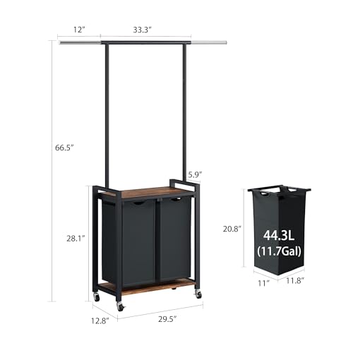 IDEALHOUSE 2-Section Laundry Sorter,Rolling Laundry Hamper with Hanging Rack & Shelf, 2× 11.7 Gal (44.3 L), Basket Organizer with Lockable Wheels,Folding Station for Bedroom, Bathroom