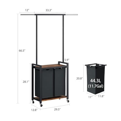 IDEALHOUSE 2-Section Laundry Sorter,Rolling Laundry Hamper with Hanging Rack & Shelf, 2× 11.7 Gal (44.3 L), Basket Organizer with Lockable Wheels,Folding Station for Bedroom, Bathroom