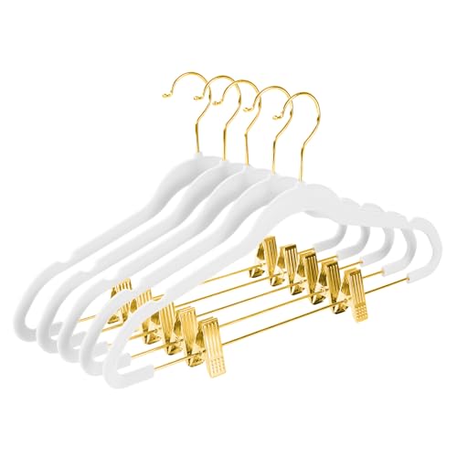 MIZGI Premium Velvet Pants Hangers with Adjustable Clips (Pack of 30) Slim Skirt Hangers- Non Slip Felt Outfit Dress Hangers White - Gold Hooks,Space Saving Shirt Clothes Hangers - color: White/Gold, size: 30-Pack