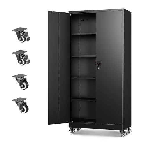 Letaya Metal Garage Storage Cabinets with Wheels,Steel Tool Cabinets Lock Door and Adjustable Shelves for Home,Office,Warehouse Organisieren (Black, 74.41" H) - color: Black, size: 16"D x 32"W x 74.41"H